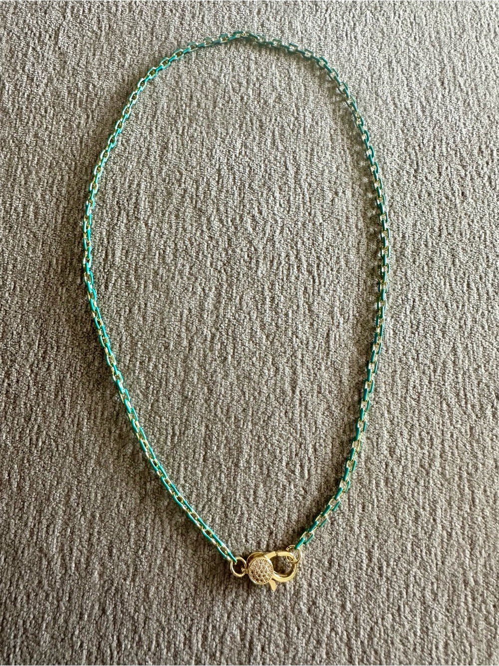 Gold and Teal Chain Necklace with Pavé Round Clasp
